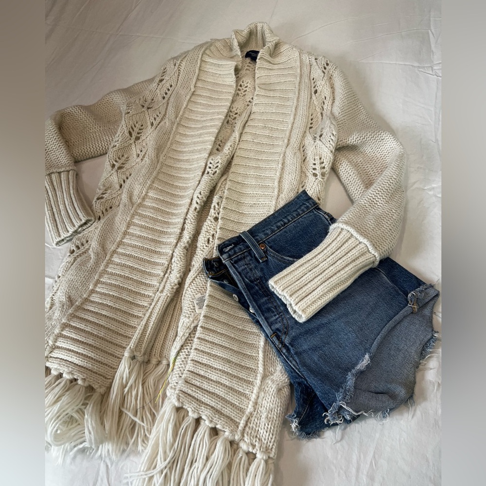 American Eagle Outfitters Cream Fringe Cardigan size L